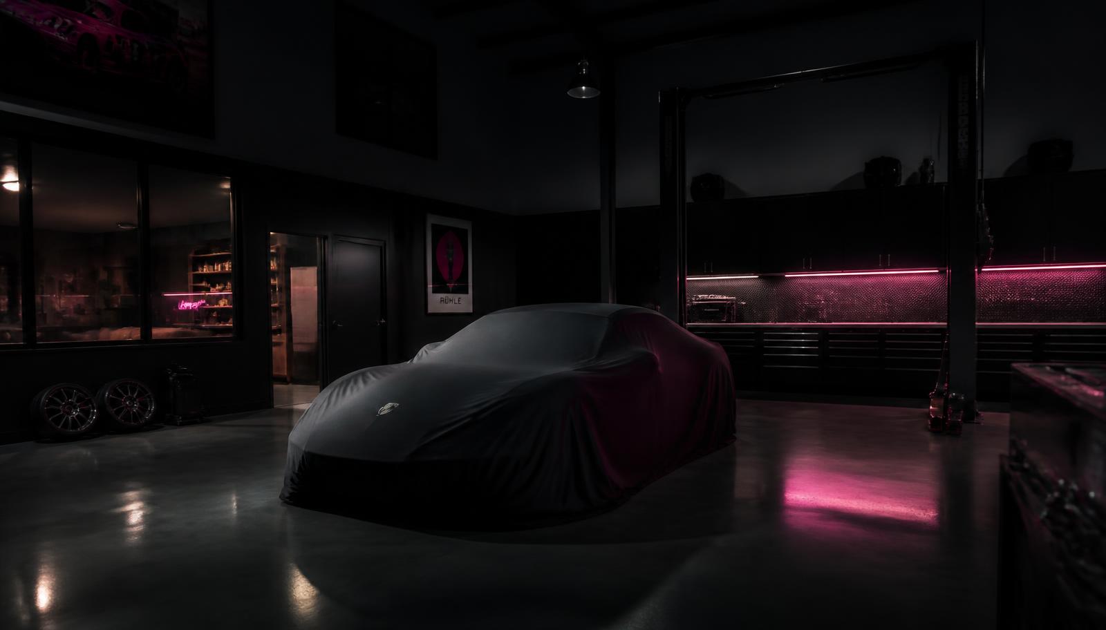 Klassisk sportbil i varmt garageljus i Scuderia Nordicas uppvärmda förvaringshall